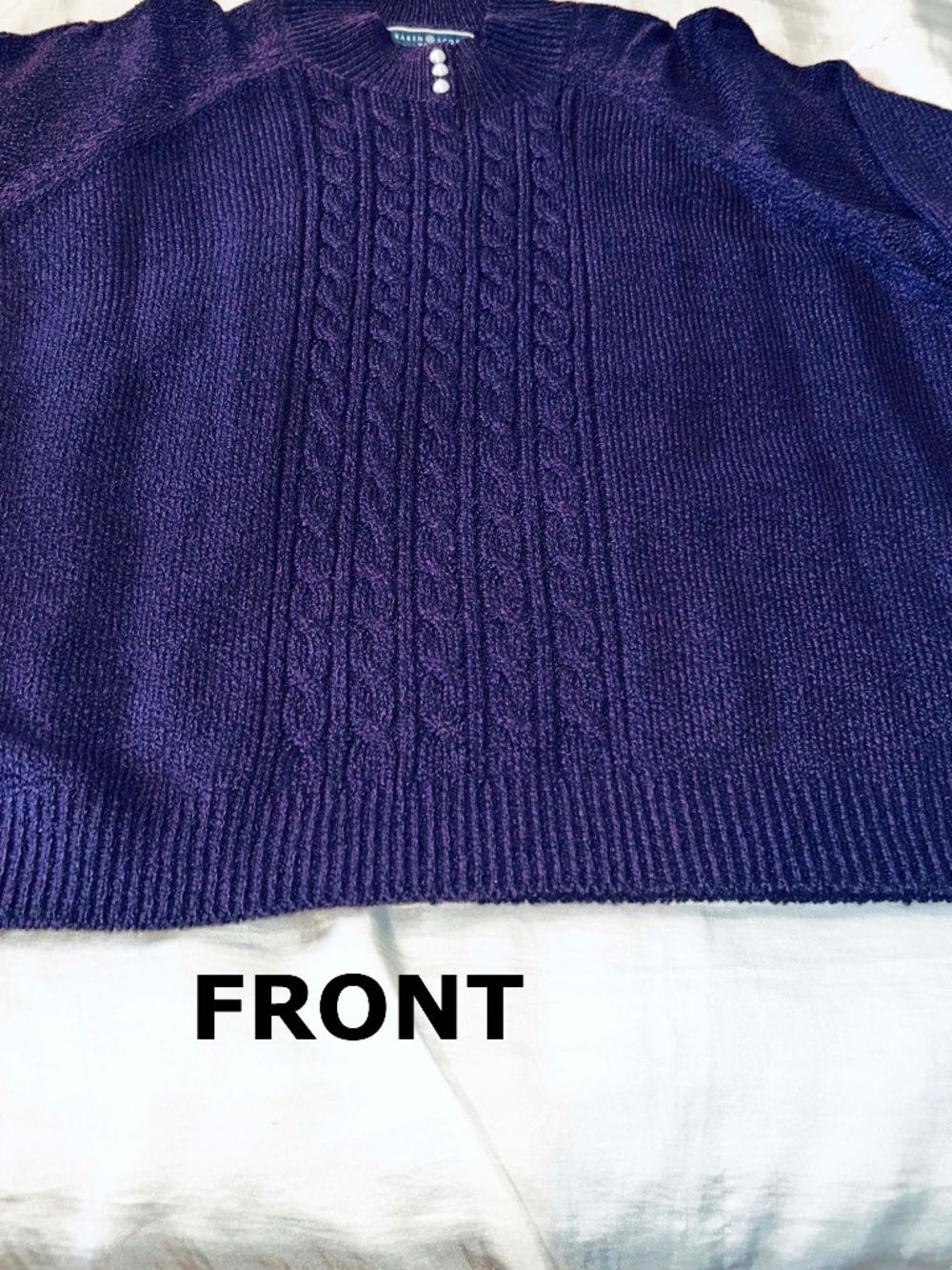 SWEATER, PURPLE, SIZE 3X, FAUX PEARL ACCENT, CABLE KNIT ACCENT, MOCK NECK, LONG
